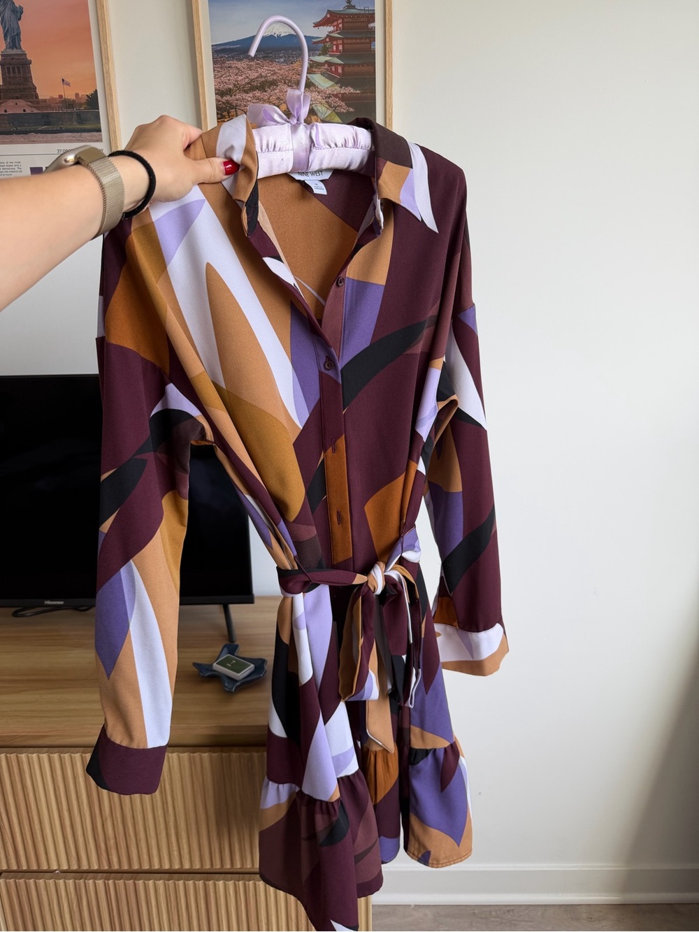 Nine West Geometric Print Mini Shirt Dress in Burgundy & Lilac